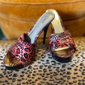 Open toed funky print heels